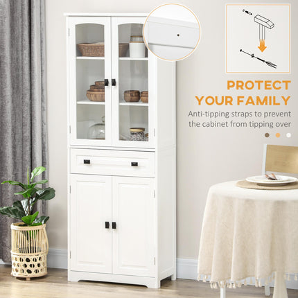 Freestanding Kitchen Cupboard with Adjustable Shelves, Drawer & Glass Door 160cm - White