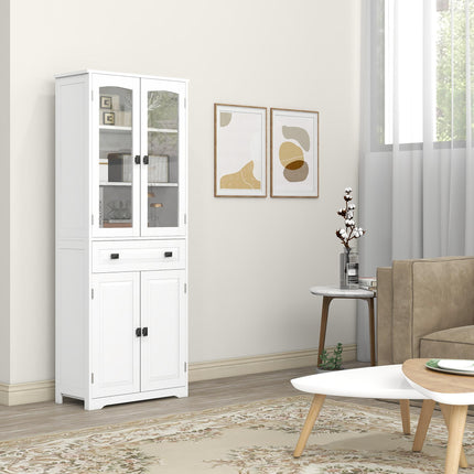 Freestanding Kitchen Cupboard with Adjustable Shelves, Drawer & Glass Door 160cm - White