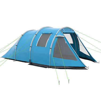 3-4 Man Tunnel Tent with Two Rooms and Water-Resistant Fabric - Blue