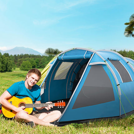 3-4 Man Tunnel Tent with Two Rooms and Water-Resistant Fabric - Blue