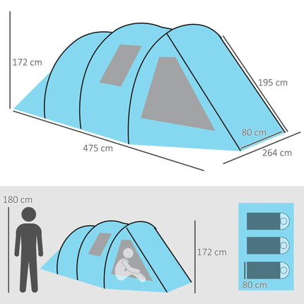 3-4 Man Tunnel Tent with Two Rooms and Water-Resistant Fabric - Blue