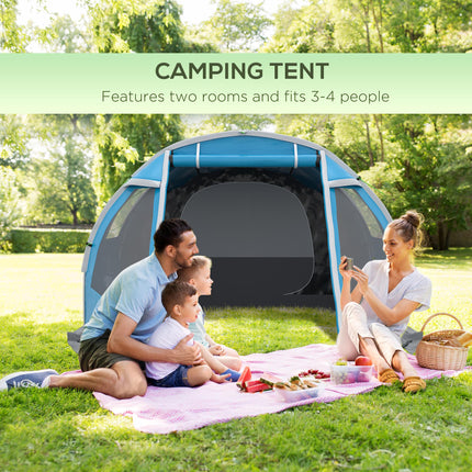 3-4 Man Tunnel Tent with Two Rooms and Water-Resistant Fabric - Blue
