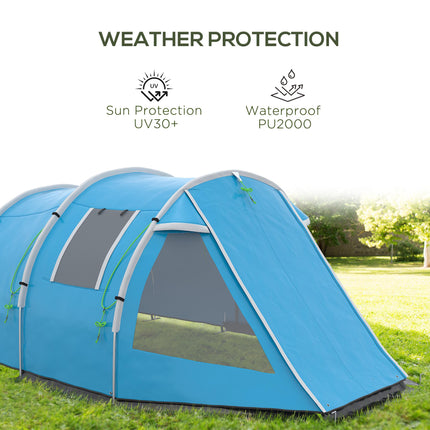 3-4 Man Tunnel Tent with Two Rooms and Water-Resistant Fabric - Blue