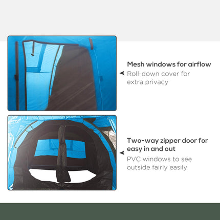 3-4 Man Tunnel Tent with Two Rooms and Water-Resistant Fabric - Blue