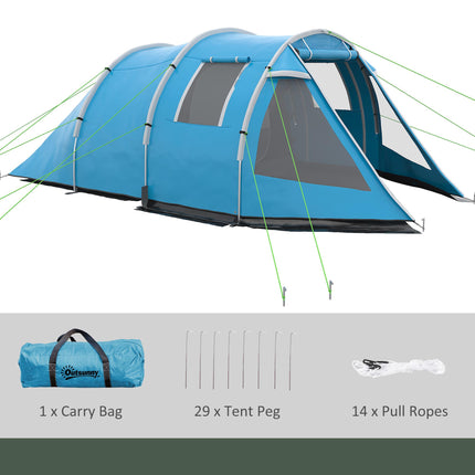 3-4 Man Tunnel Tent with Two Rooms and Water-Resistant Fabric - Blue