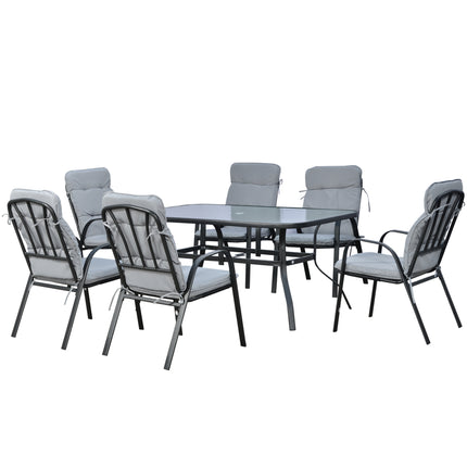 7 Piece Garden Dining Set with Cushioned Armchairs and Tempered Glass Table - Black