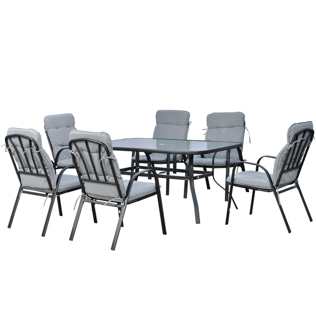 7 Piece Garden Dining Set with Cushioned Armchairs and Tempered Glass Table - Black