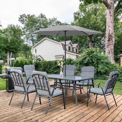 7 Piece Garden Dining Set with Cushioned Armchairs and Tempered Glass Table - Black