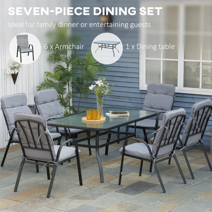 7 Piece Garden Dining Set with Cushioned Armchairs and Tempered Glass Table - Black