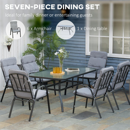 7 Piece Garden Dining Set with Cushioned Armchairs and Tempered Glass Table - Black