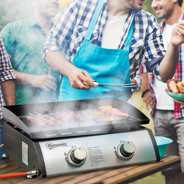 Portable Gas Plancha Barbecue Grill with Dual Burners and Non-Stick Hotplate - Black