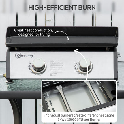 Portable Gas Plancha Barbecue Grill with Dual Burners and Non-Stick Hotplate - Black
