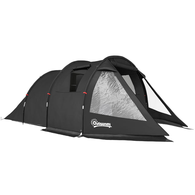 3-4 Man Two Room Tunnel Tent with Carry Bag - Black