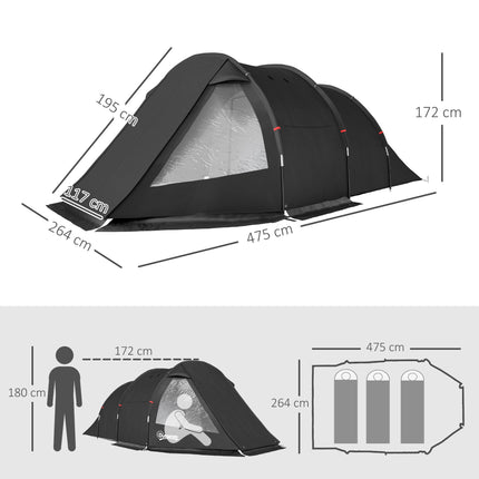 3-4 Man Two Room Tunnel Tent with Carry Bag - Black