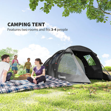 3-4 Man Two Room Tunnel Tent with Carry Bag - Black