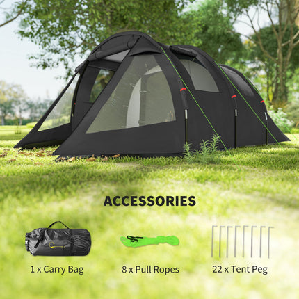 3-4 Man Two Room Tunnel Tent with Carry Bag - Black