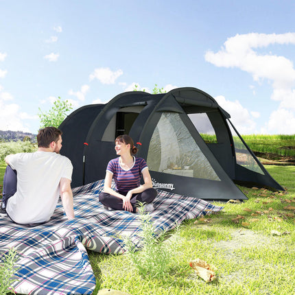 3-4 Man Two Room Tunnel Tent with Carry Bag - Black