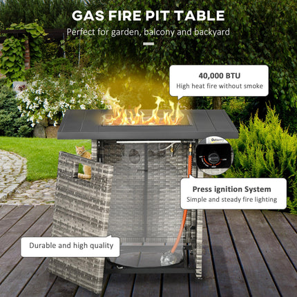 Outdoor PE Rattan Gas Fire Pit Table with Rain Cover - Mixed Grey
