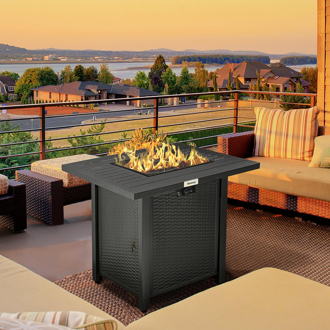 Rattan Style Propane Gas Fire Pit Table with Waterproof Cover - Brown