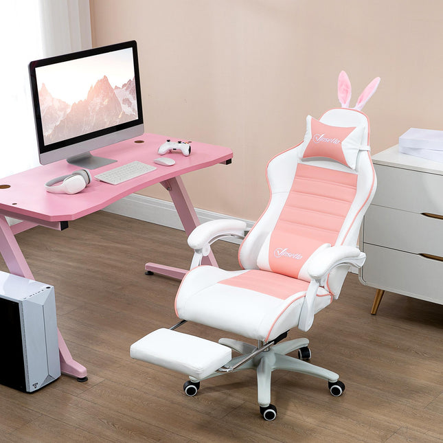 Racing Gaming Chair with Reclining and Bunny Ears - Pink