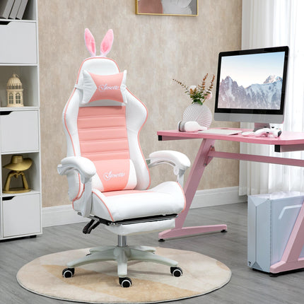 Racing Gaming Chair with Reclining and Bunny Ears - Pink