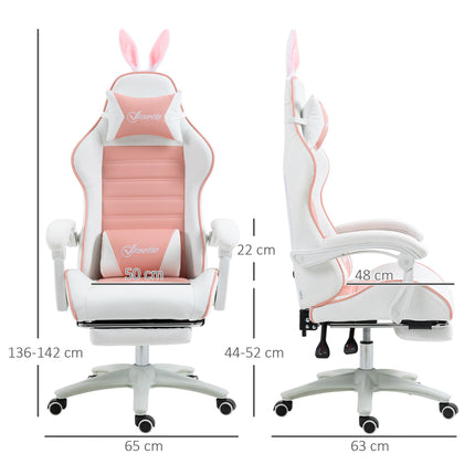 Racing Gaming Chair with Reclining and Bunny Ears - Pink