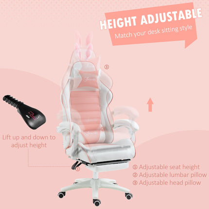 Racing Gaming Chair with Reclining and Bunny Ears - Pink