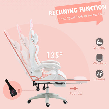 Racing Gaming Chair with Reclining and Bunny Ears - Pink