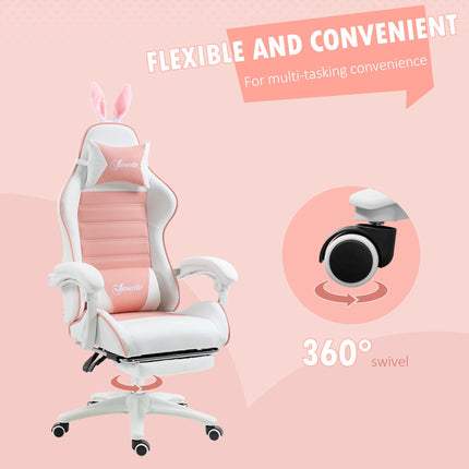 Racing Gaming Chair with Reclining and Bunny Ears - Pink