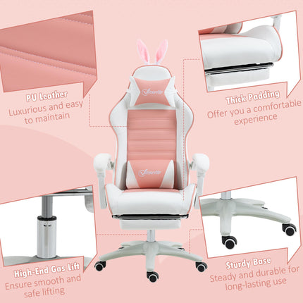 Racing Gaming Chair with Reclining and Bunny Ears - Pink