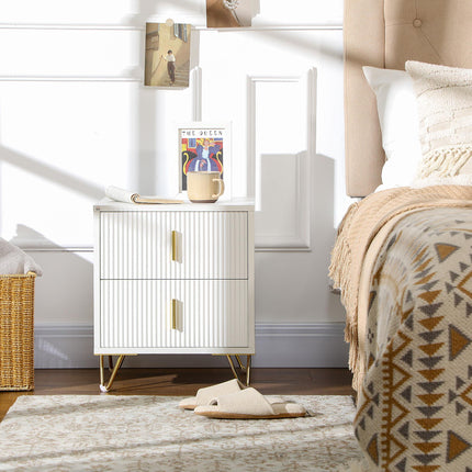 White Bedside Table with 2 Drawers and Metal Frame - White