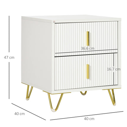 White Bedside Table with 2 Drawers and Metal Frame - White