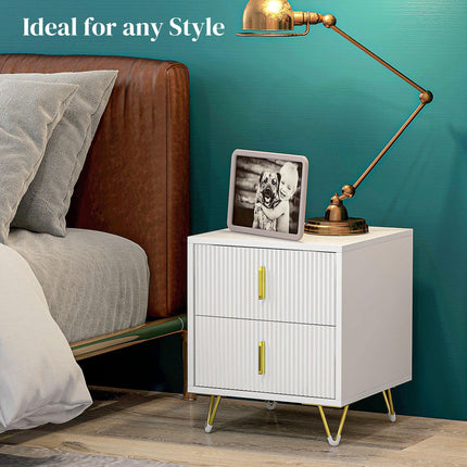 White Bedside Table with 2 Drawers and Metal Frame - White