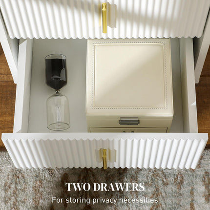 White Bedside Table with 2 Drawers and Metal Frame - White