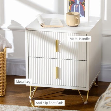 White Bedside Table with 2 Drawers and Metal Frame - White