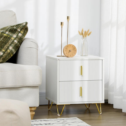 White Bedside Table with 2 Drawers and Metal Frame - White
