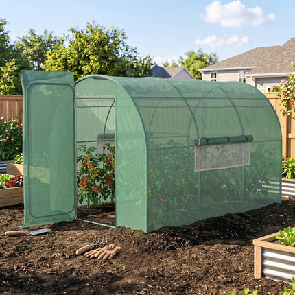 3 Metre Walk-In Greenhouse with Galvanised Steel Frame and Mesh Windows - Green