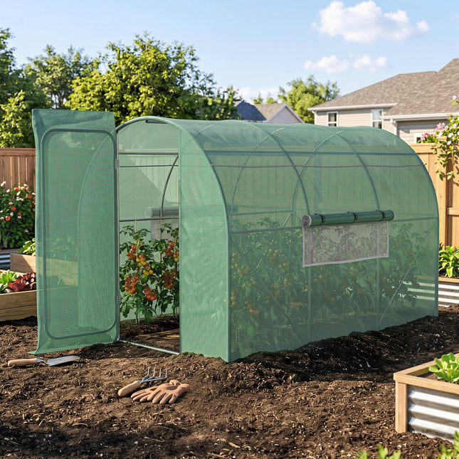 3 Metre Walk-In Greenhouse with Galvanised Steel Frame and Mesh Windows - Green