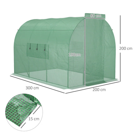 3 Metre Walk-In Greenhouse with Galvanised Steel Frame and Mesh Windows - Green