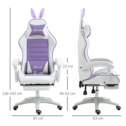 Racing Gaming Chair with Reclining PU Leather and Bunny Ears - Purple