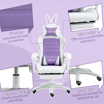 Racing Gaming Chair with Reclining PU Leather and Bunny Ears - Purple