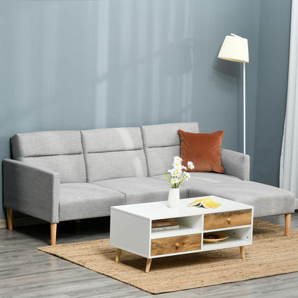 L Shape Sofa Bed Set, Linen Fabric Corner Sofa Bed with Rubber Wood Legs and Foo