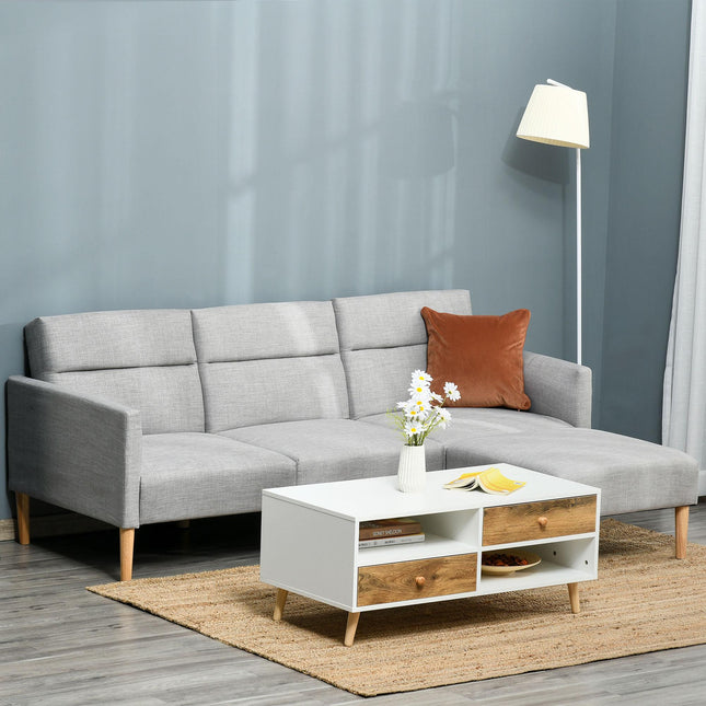 L Shape Sofa Bed Set, Linen Fabric Corner Sofa Bed with Rubber Wood Legs and Foo