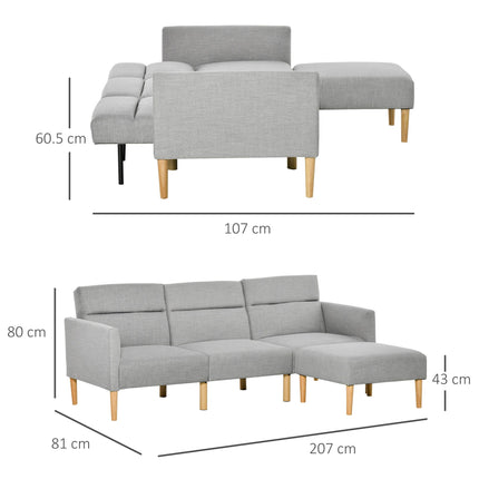 L Shape Sofa Bed Set, Linen Fabric Corner Sofa Bed with Rubber Wood Legs and Foo
