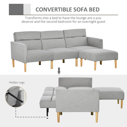 L Shape Sofa Bed Set, Linen Fabric Corner Sofa Bed with Rubber Wood Legs and Foo
