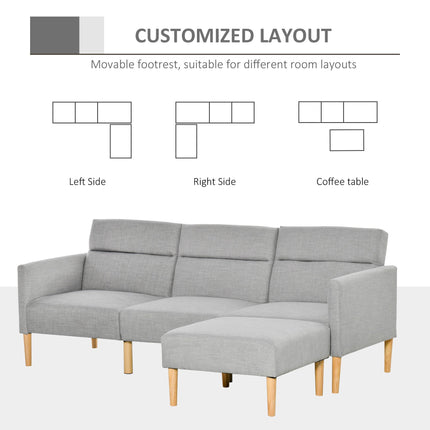 L Shape Sofa Bed Set, Linen Fabric Corner Sofa Bed with Rubber Wood Legs and Foo