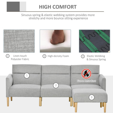 L Shape Sofa Bed Set, Linen Fabric Corner Sofa Bed with Rubber Wood Legs and Foo