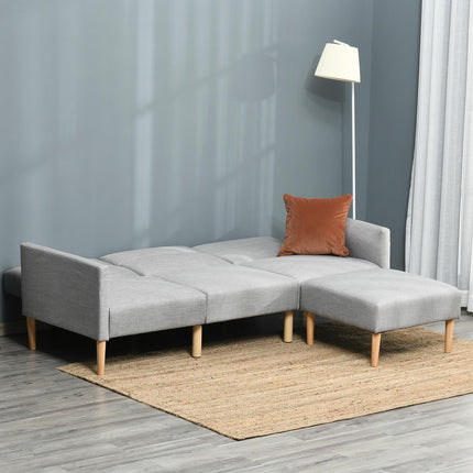 L Shape Sofa Bed Set, Linen Fabric Corner Sofa Bed with Rubber Wood Legs and Foo