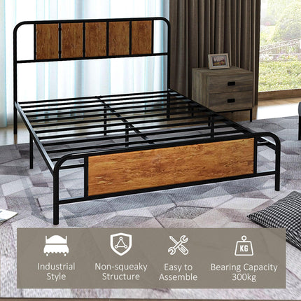 Industrial Double Bed Frame with Curved Headboard - Black Steel