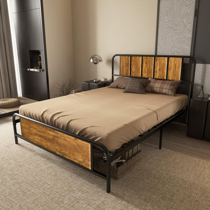 Industrial Double Bed Frame with Curved Headboard - Black Steel